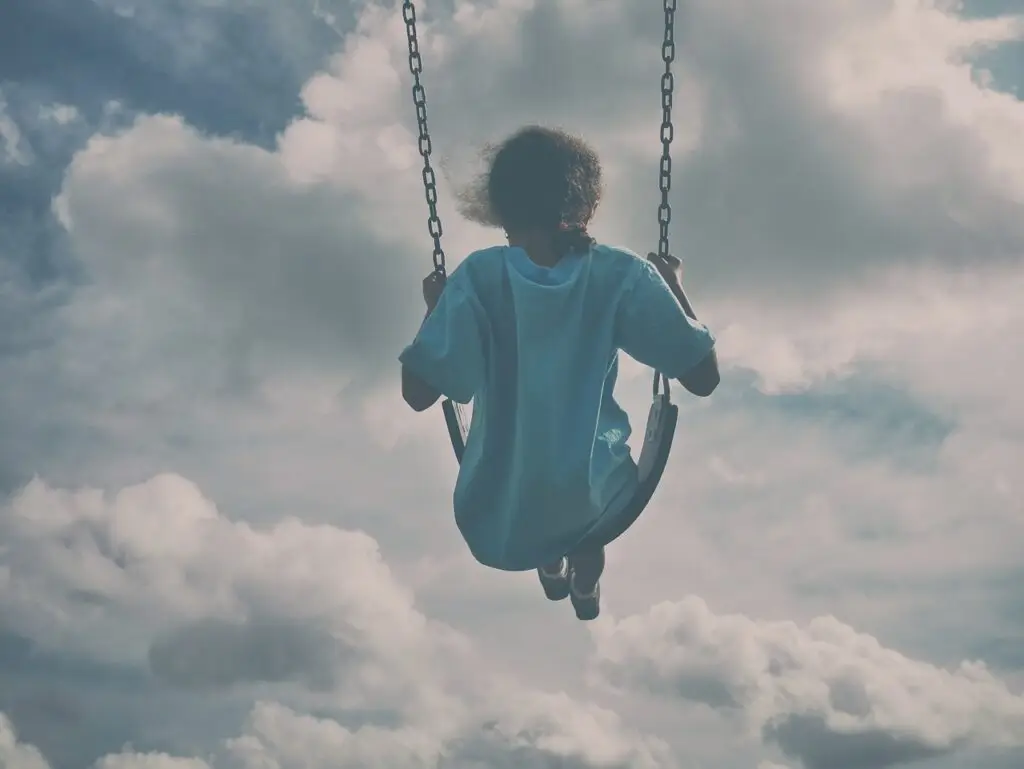 girl, swinging, swing, nature, kid, child, fun, sky, clouds, outdoors, gray sky, gray clouds, gray fun